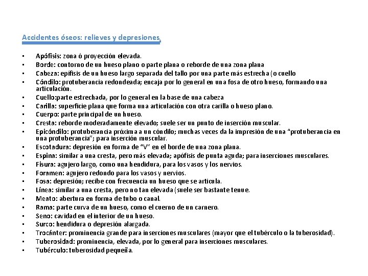 Accidentes óseos: relieves y depresiones. • • • • • • Apófisis: zona ó Accidentes óseos: relieves y depresiones. • • • • • • Apófisis: zona ó