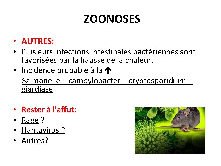 ZOONOSES • AUTRES: • Plusieurs infections intestinales bactériennes sont favorisées par la hausse de