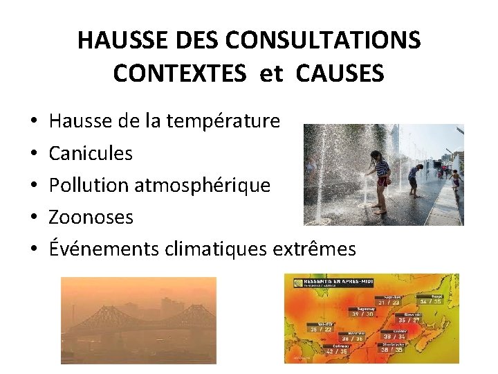 HAUSSE DES CONSULTATIONS CONTEXTES et CAUSES • • • Hausse de la température Canicules