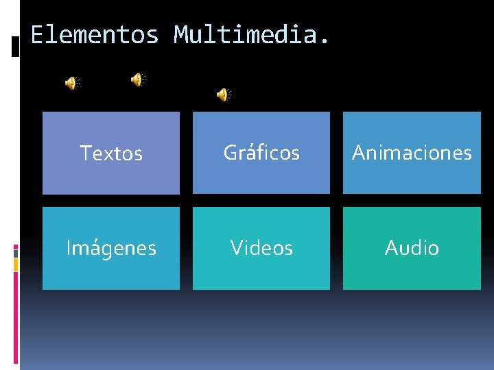 Elementos Multimedia. Textos Gráficos Animaciones Imágenes Videos Audio 