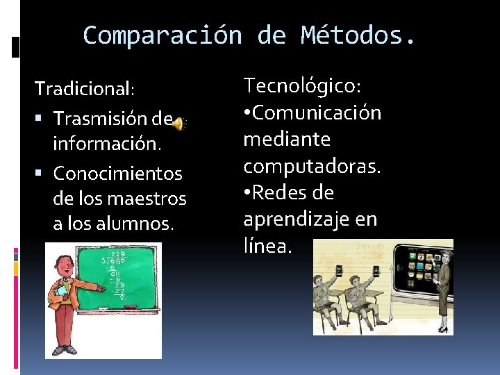 Comparación de Métodos. Tradicional: Trasmisión de información. Conocimientos de los maestros a los alumnos.