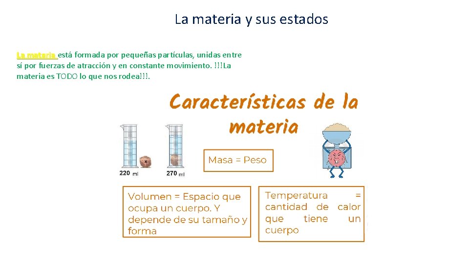 La materia y sus estados La materia está formada por pequeñas partículas, unidas entre