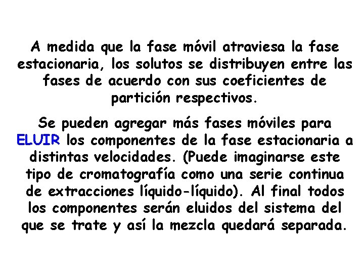 A medida que la fase móvil atraviesa la fase estacionaria, los solutos se distribuyen