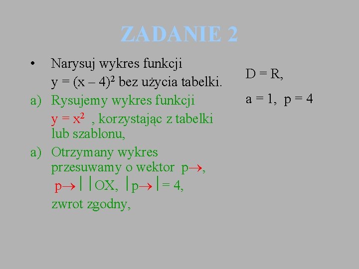 ZADANIE 2 • Narysuj wykres funkcji y = (x – 4)2 bez użycia tabelki.