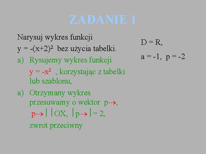 ZADANIE 1 Narysuj wykres funkcji y = -(x+2)2 bez użycia tabelki. a) Rysujemy wykres