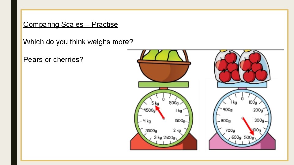 Comparing Scales – Practise Which do you think weighs more? Pears or cherries? 