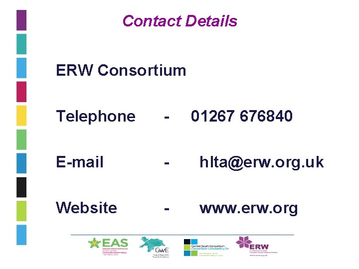 Contact Details ERW Consortium Telephone - 01267 676840 E-mail - hlta@erw. org. uk Website