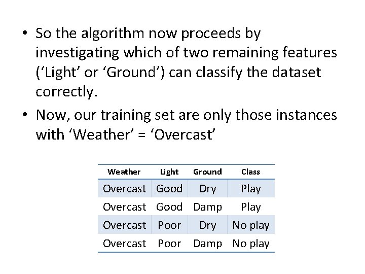 • So the algorithm now proceeds by investigating which of two remaining features • So the algorithm now proceeds by investigating which of two remaining features