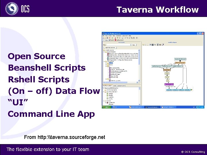 Taverna Workflow Open Source Beanshell Scripts Rshell Scripts (On – off) Data Flow “UI”