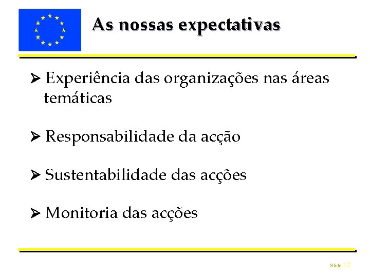 As nossas expectativas Experiência das organizações nas áreas temáticas Responsabilidade da acção Sustentabilidade das