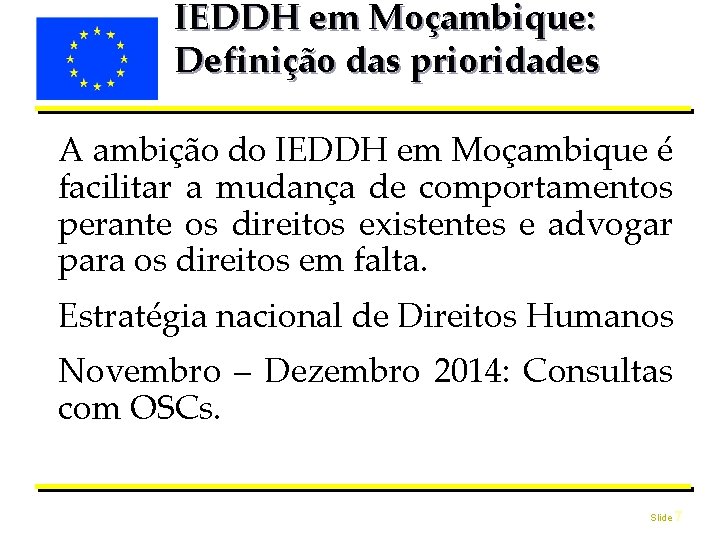 IEDDH em Moçambique: Definição das prioridades A ambição do IEDDH em Moçambique é facilitar