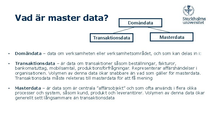 Vad är master data? Domändata Transaktionsdata Masterdata • Domändata – data om verksamheten eller