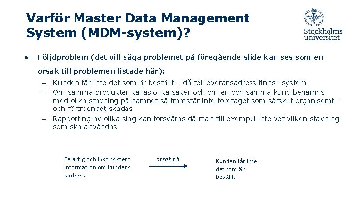 Varför Master Data Management System (MDM-system)? ● Följdproblem (det vill säga problemet på föregående