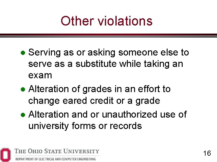 Other violations Serving as or asking someone else to serve as a substitute while