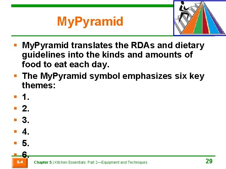 My. Pyramid § My. Pyramid translates the RDAs and dietary guidelines into the kinds