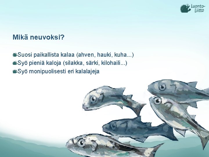 Mikä neuvoksi? Suosi paikallista kalaa (ahven, hauki, kuha. . . ) Syö pieniä kaloja