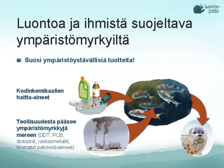 Luontoa ja ihmistä suojeltava ympäristömyrkyiltä Suosi ympäristöystävällisiä tuotteita! Kodinkemikaalien haitta-aineet Teollisuudesta pääsee ympäristömyrkkyjä mereen