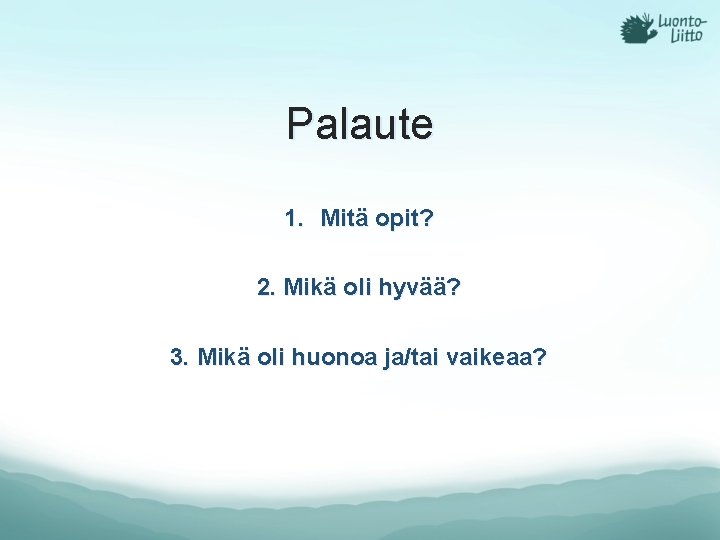 Palaute 1. Mitä opit? 2. Mikä oli hyvää? 3. Mikä oli huonoa ja/tai vaikeaa?