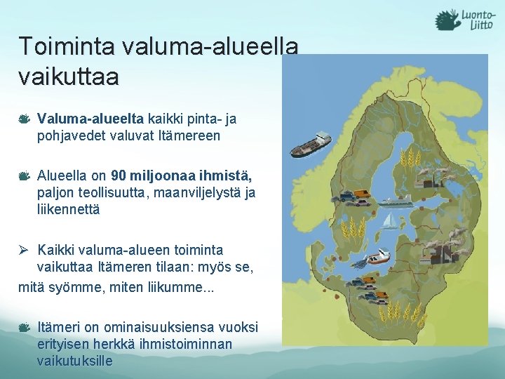 Toiminta valuma-alueella vaikuttaa Valuma-alueelta kaikki pinta- ja pohjavedet valuvat Itämereen Alueella on 90 miljoonaa