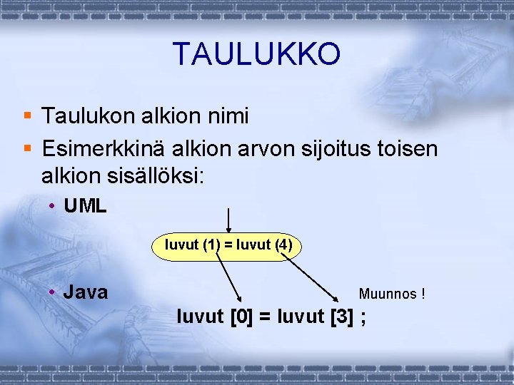 TAULUKKO § Taulukon alkion nimi § Esimerkkinä alkion arvon sijoitus toisen alkion sisällöksi: •