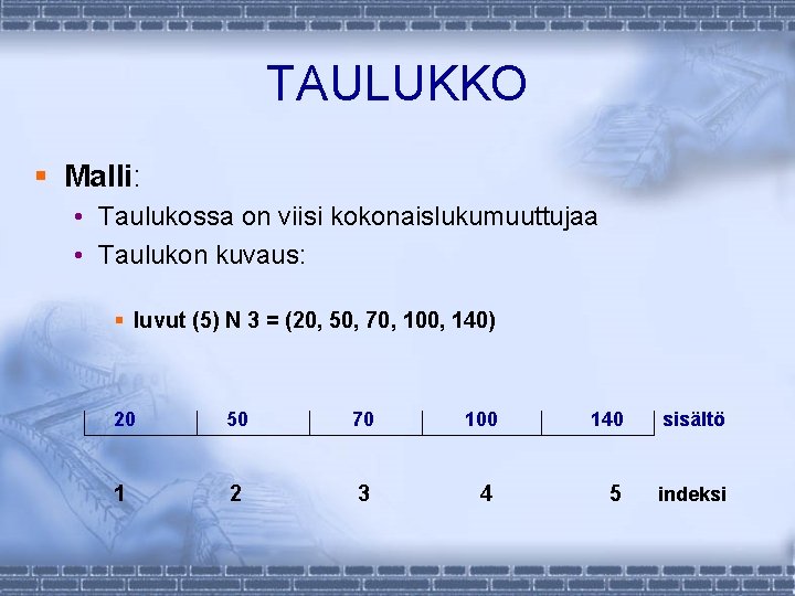 TAULUKKO § Malli: • Taulukossa on viisi kokonaislukumuuttujaa • Taulukon kuvaus: § luvut (5)