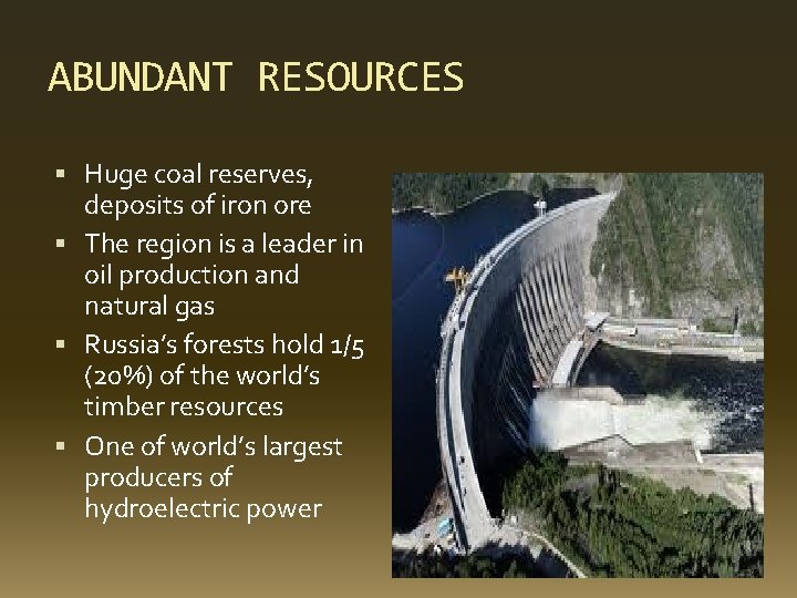 ABUNDANT RESOURCES Huge coal reserves, deposits of iron ore The region is a leader