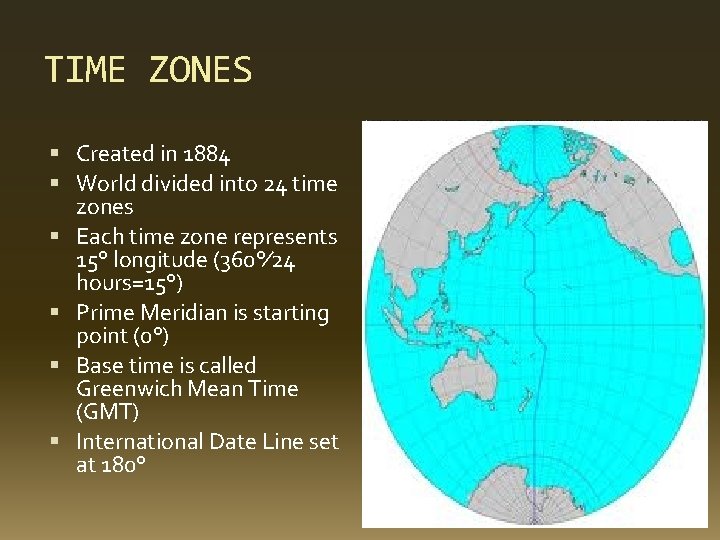 TIME ZONES Created in 1884 World divided into 24 time zones Each time zone