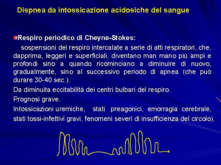 Dispnea da intossicazione acidosiche del sangue Respiro periodico di Cheyne-Stokes: sospensioni del respiro intercalate