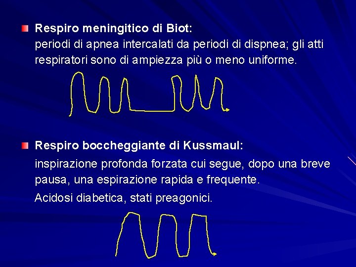 Respiro meningitico di Biot: periodi di apnea intercalati da periodi di dispnea; gli atti