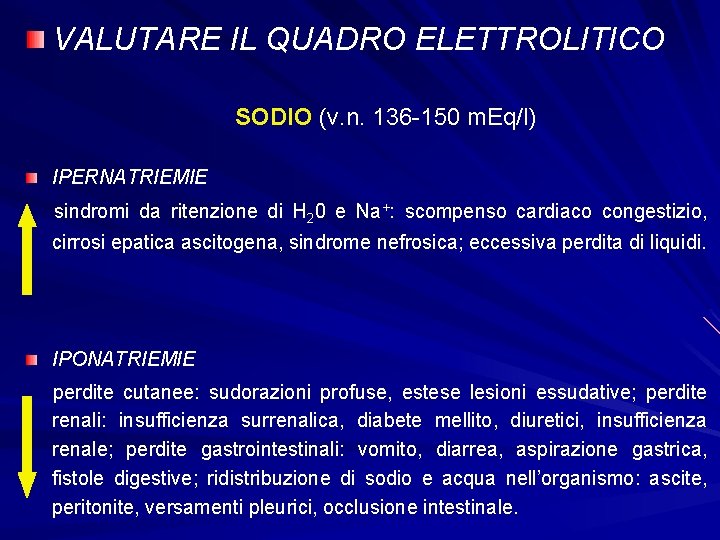 VALUTARE IL QUADRO ELETTROLITICO SODIO (v. n. 136 -150 m. Eq/l) IPERNATRIEMIE sindromi da