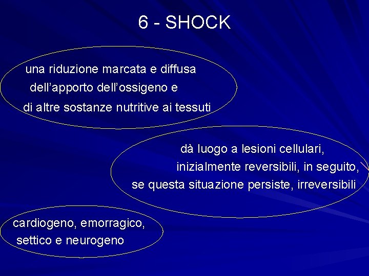 6 - SHOCK una riduzione marcata e diffusa dell’apporto dell’ossigeno e di altre sostanze