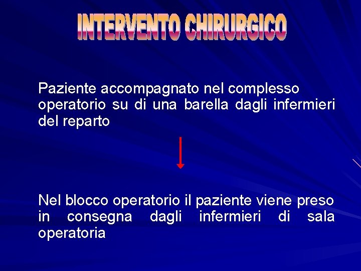 Paziente accompagnato nel complesso operatorio su di una barella dagli infermieri del reparto Nel