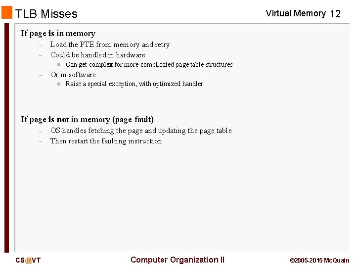 TLB Misses Virtual Memory 12 If page is in memory – – Load the