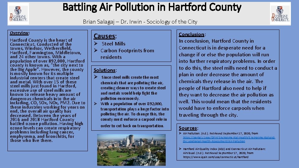 Battling Air Pollution in Hartford County Brian Salagaj – Dr. Irwin - Sociology of