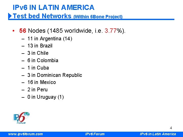IPv 6 IN LATIN AMERICA Test bed Networks (Within 6 Bone Project) • 56