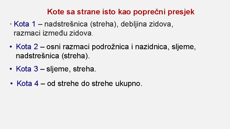Kote sa strane isto kao poprečni presjek • Kota 1 – nadstrešnica (streha), debljina