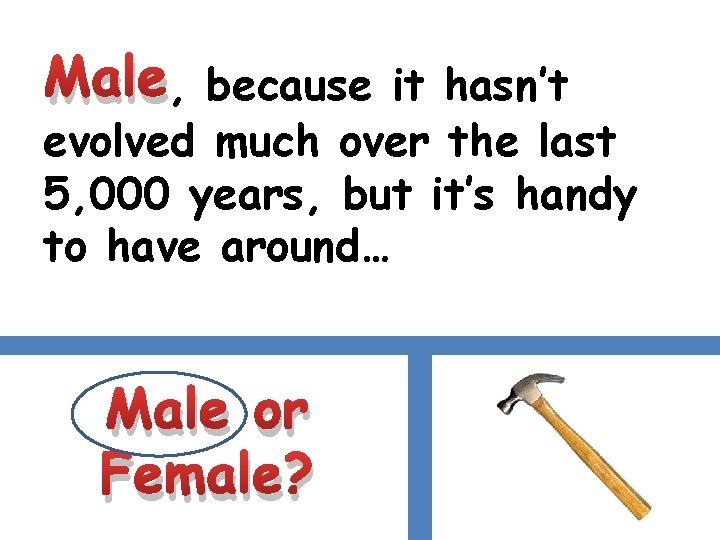 Male, because it hasn’t evolved much over the last 5, 000 years, but it’s