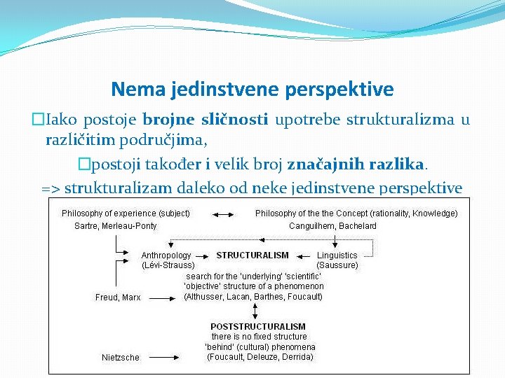 Nema jedinstvene perspektive �Iako postoje brojne sličnosti upotrebe strukturalizma u različitim područjima, �postoji također