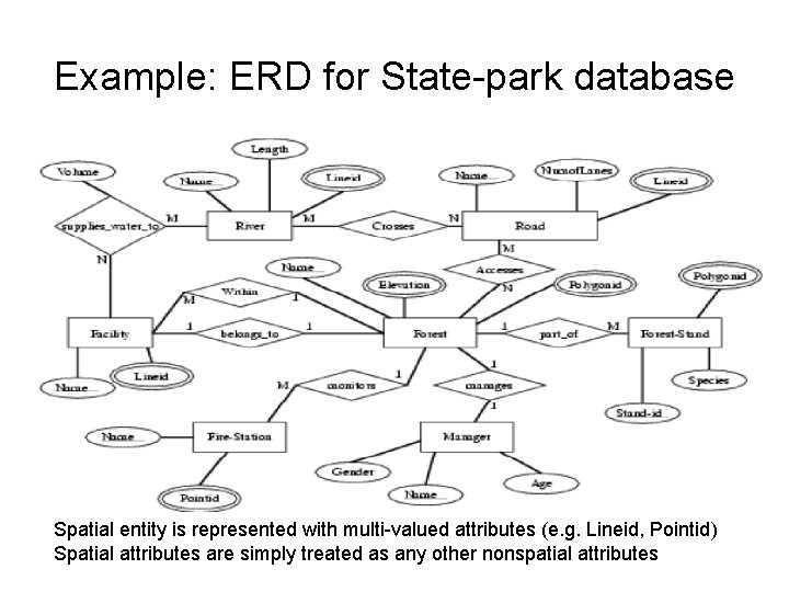 Example: ERD for State-park database Spatial entity is represented with multi-valued attributes (e. g.