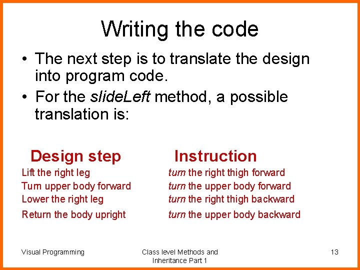 Writing the code • The next step is to translate the design into program