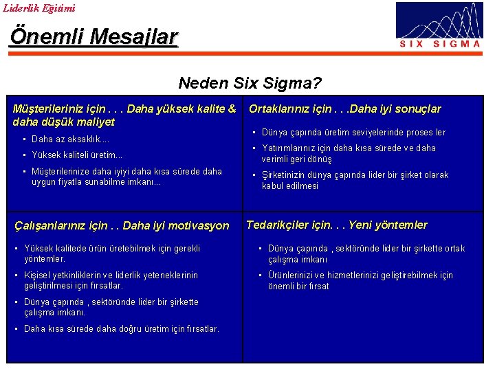 Liderlik Eğitimi Önemli Mesajlar Neden Six Sigma? Müşterileriniz için. . . Daha yüksek kalite