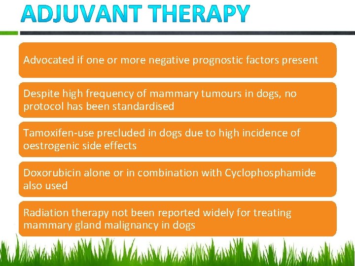 Advocated if one or more negative prognostic factors present Despite high frequency of mammary