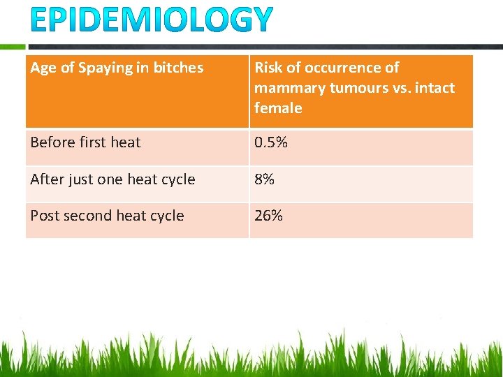 Age of Spaying in bitches Risk of occurrence of mammary tumours vs. intact female