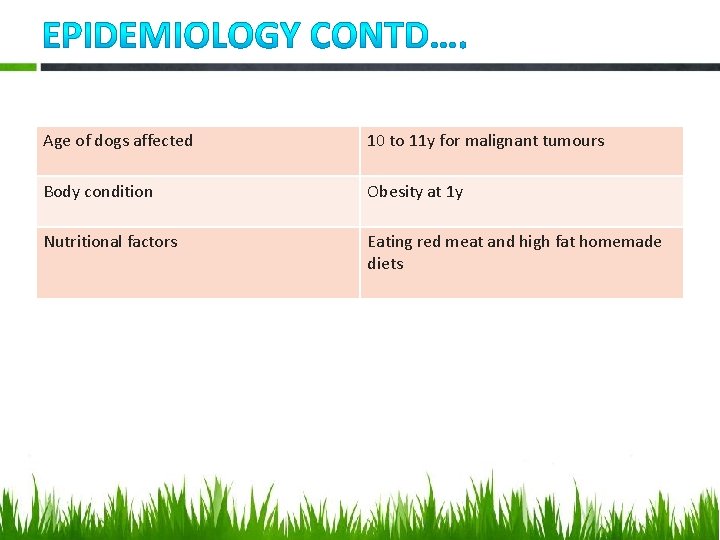 Age of dogs affected 10 to 11 y for malignant tumours Body condition Obesity