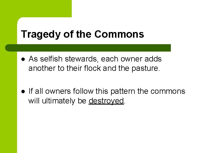 Tragedy of the Commons l As selfish stewards, each owner adds another to their