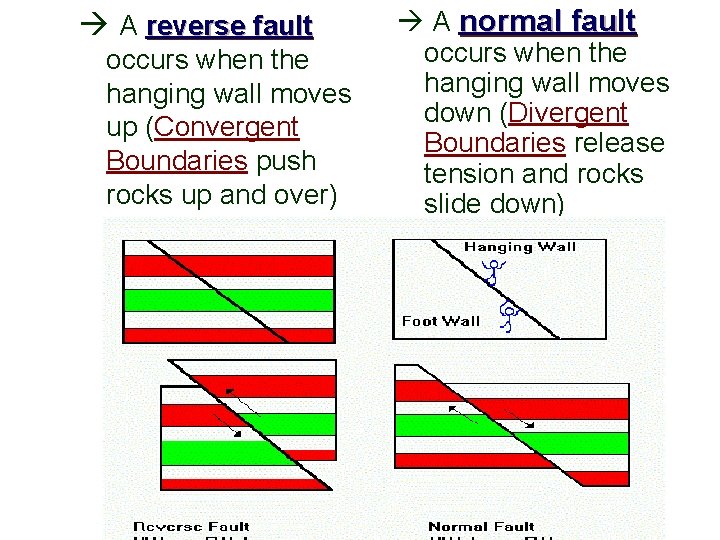  A reverse fault occurs when the hanging wall moves up (Convergent Boundaries push
