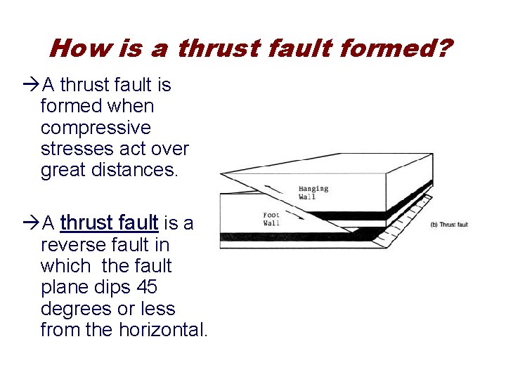 How is a thrust fault formed? A thrust fault is formed when compressive stresses