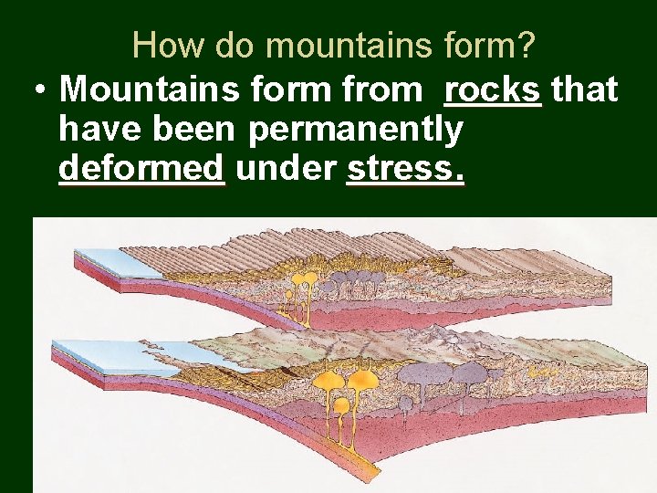 How do mountains form? • Mountains form from rocks that have been permanently deformed