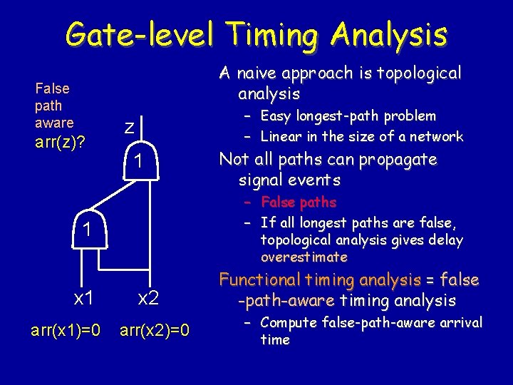 Gate-level Timing Analysis A naive approach is topological analysis False path aware arr(z)? –