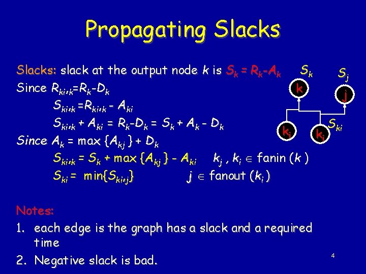 Propagating Slacks Sk Slacks: slack at the output node k is Sk = Rk-Ak